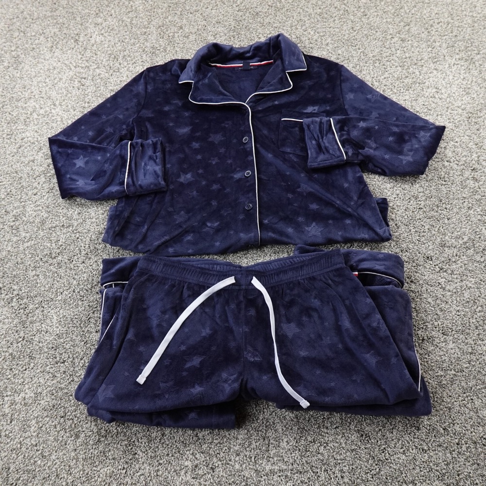 Tommy Hilfiger Pajama Set Womens S Blue Velvet Button Up Shirt Drawstring Pants